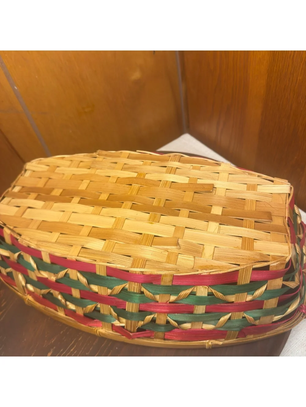 Vintage Christmas Woven Basket Red Green Natural Bamboo Holiday Serving Basket
